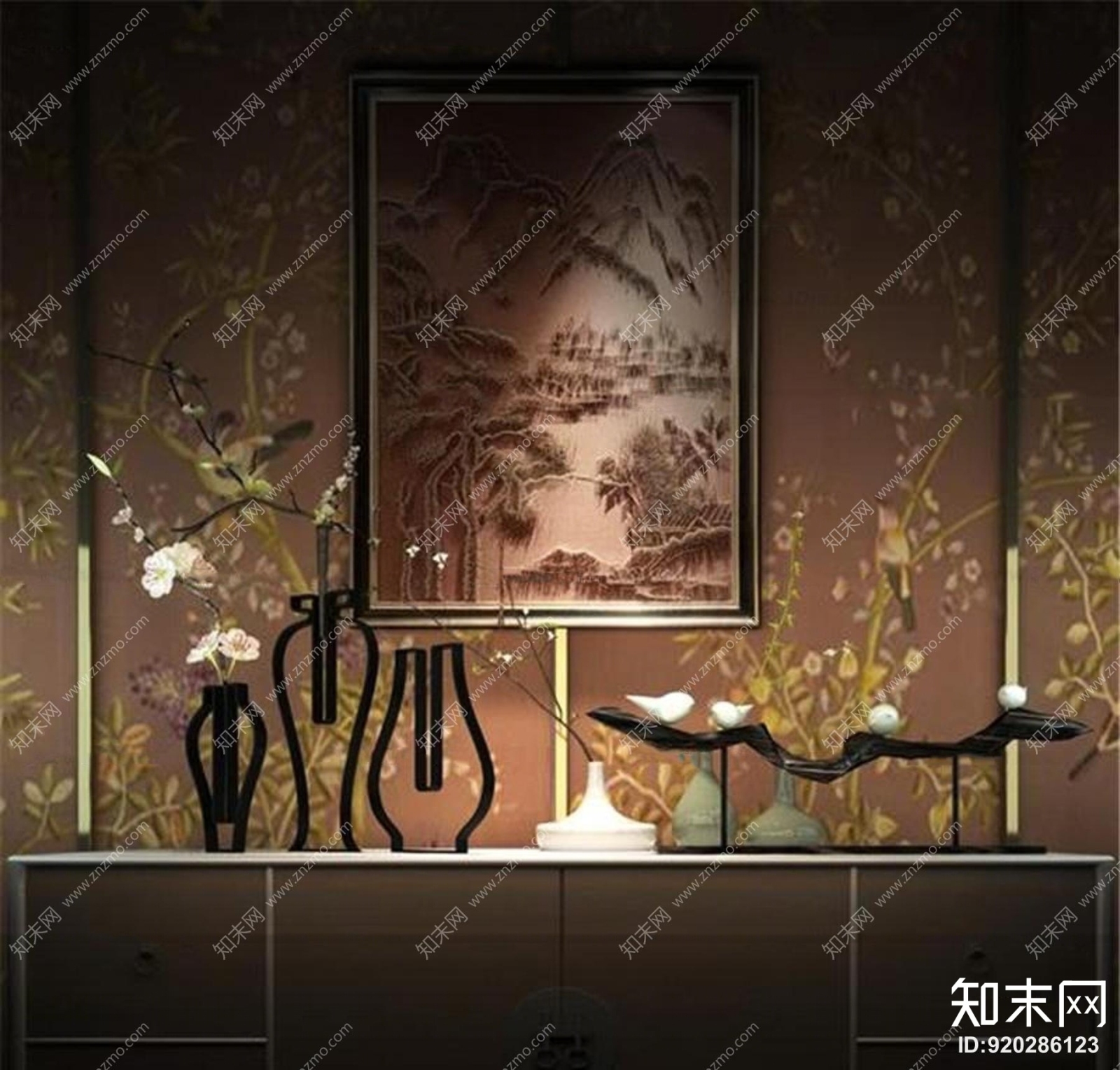 中式铁艺摆件花瓶插花背景墙组合3D模型下载【ID:920286123】