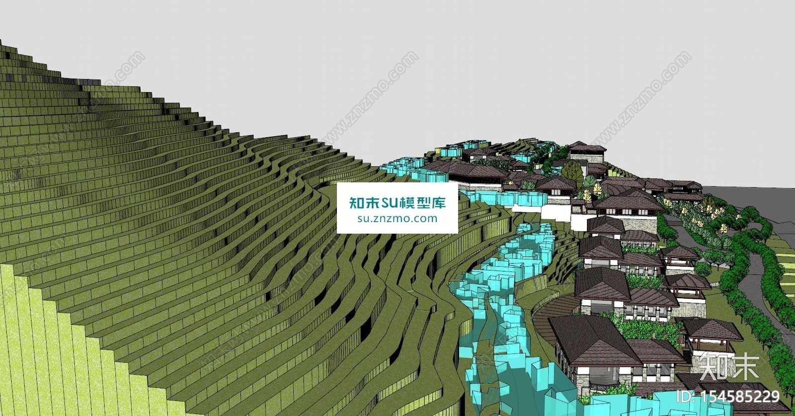 一个依山而建的唐风度假山庄SU模型下载【ID:154585229】
