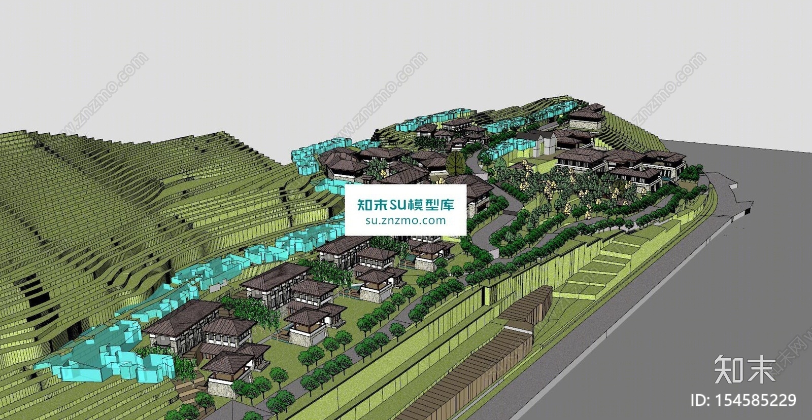 一个依山而建的唐风度假山庄SU模型下载【ID:154585229】