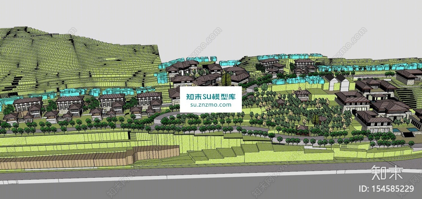 一个依山而建的唐风度假山庄SU模型下载【ID:154585229】