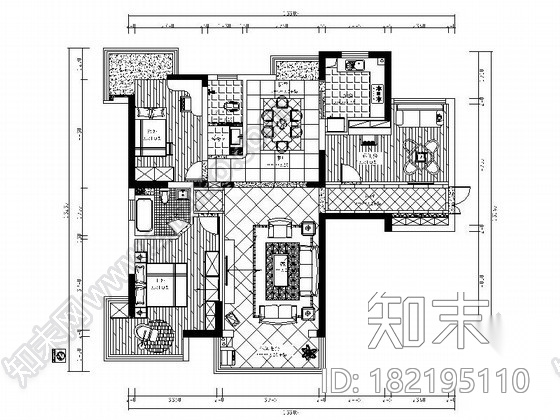 [湖南]精装地中海风格三室两厅装修图cad施工图下载【ID:182195110】