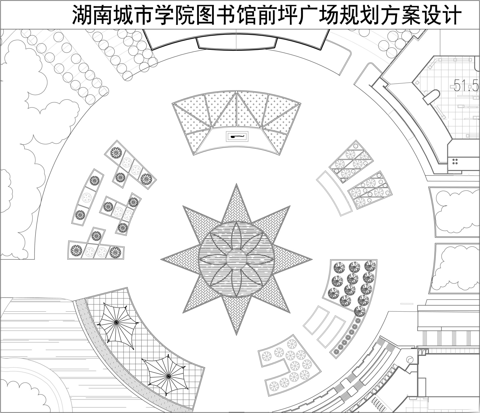 [湖南]城市学院图书馆前坪圆形广场规划方案设计cad施工图下载【ID:160910178】