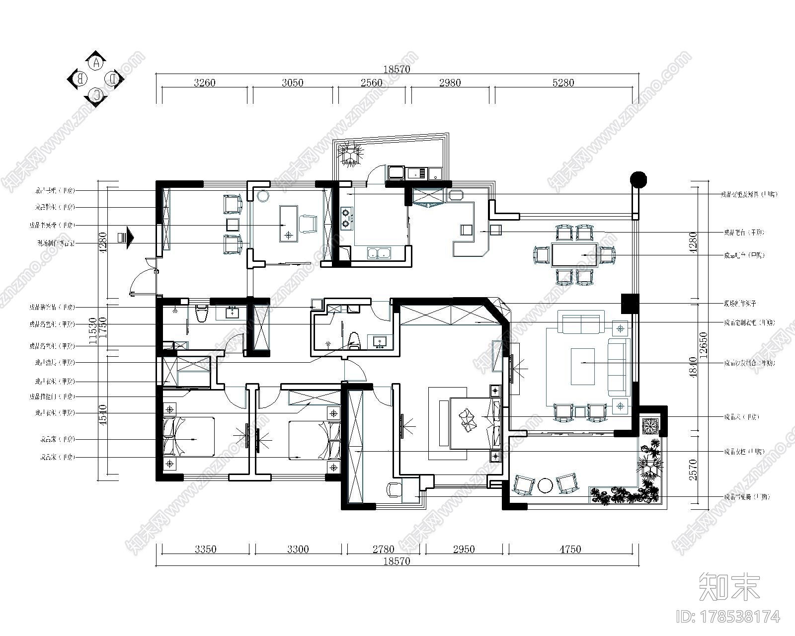 [成都]220㎡典雅中式风情五居室CAD装修施工图施工图下载【ID:178538174】