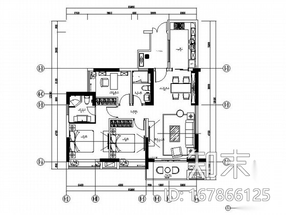 精致时尚三室二厅样板房室内装修施工图（含效果）施工图下载【ID:167866125】