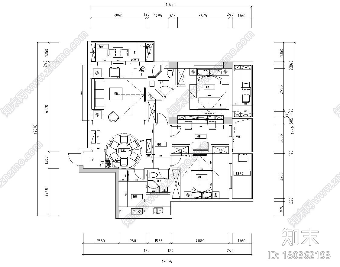 [福建]现代中式120㎡3室2厅住宅装修施工图施工图下载【ID:180362193】