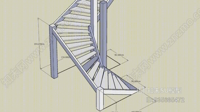 有两个拐角和一个U形转弯的转角楼梯SU模型下载【ID:935685472】
