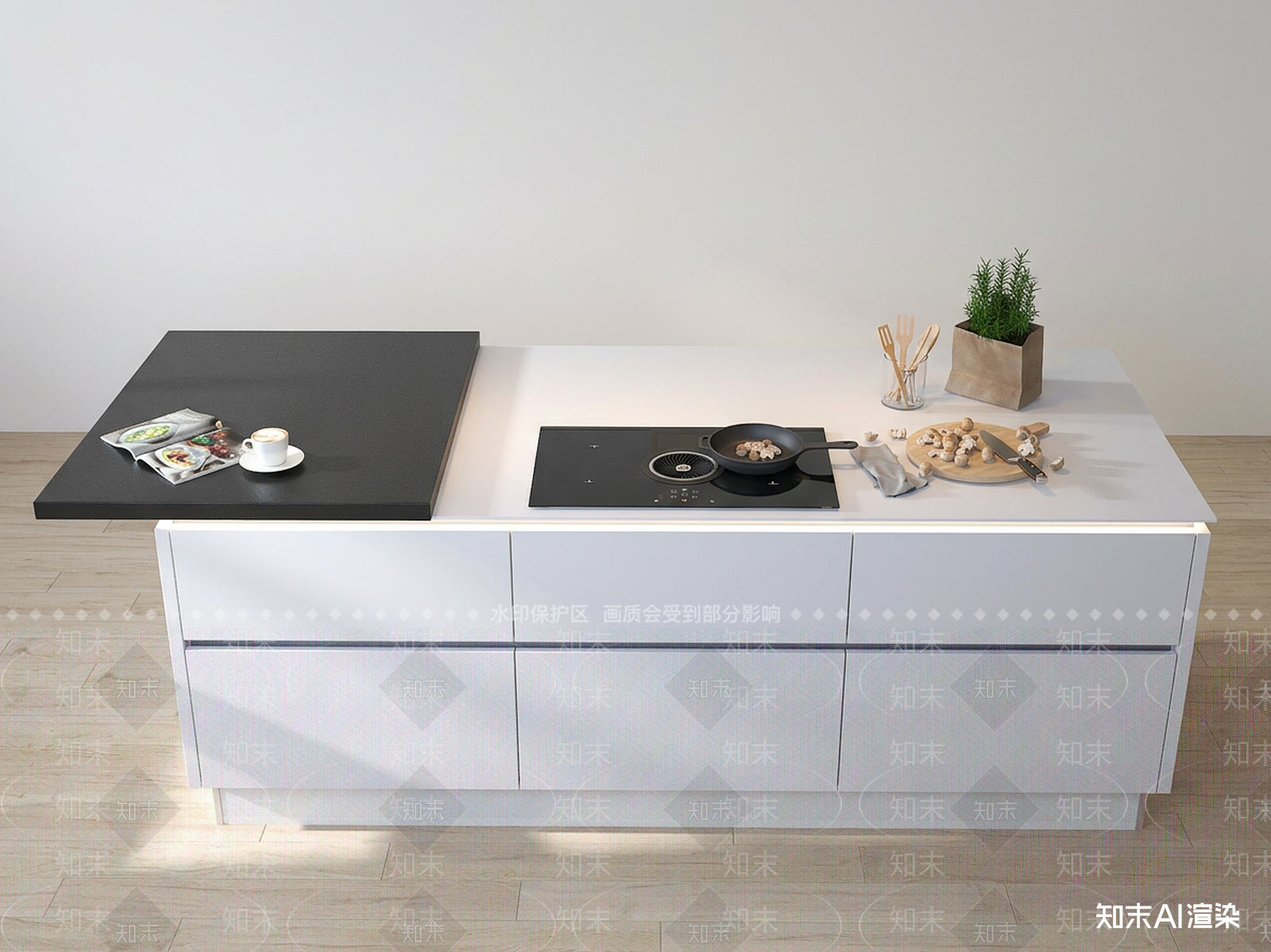 现代岛台3D模型渲染效果图