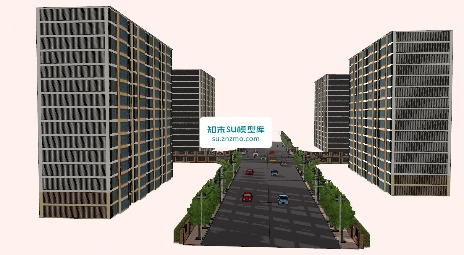 街景马路两侧楼房和车道汽车SU模型下载【ID:148500181】