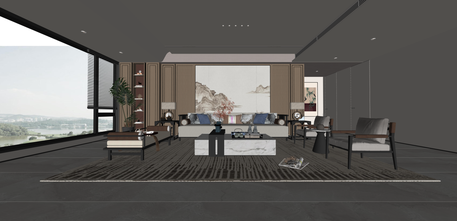 新中式家居客厅SU模型下载【ID:1216031243】