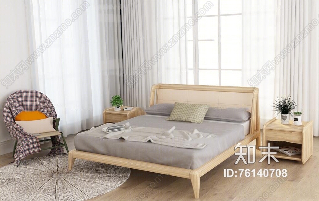 北欧双人床床头柜休闲椅组合3D模型下载【ID:76140708】