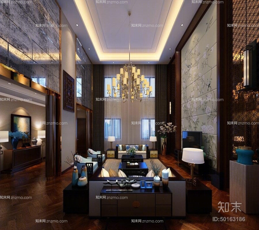 新中式黄色铁艺吊灯3D模型下载【ID:50163186】