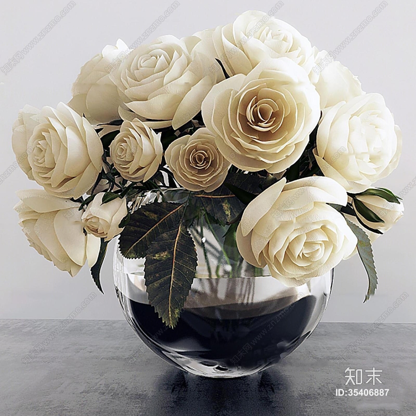 现代玻璃花瓶白玫瑰3D模型下载【ID:35406887】