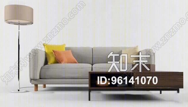 现代布艺双人沙发茶几落地灯组合3D模型下载【ID:96141070】