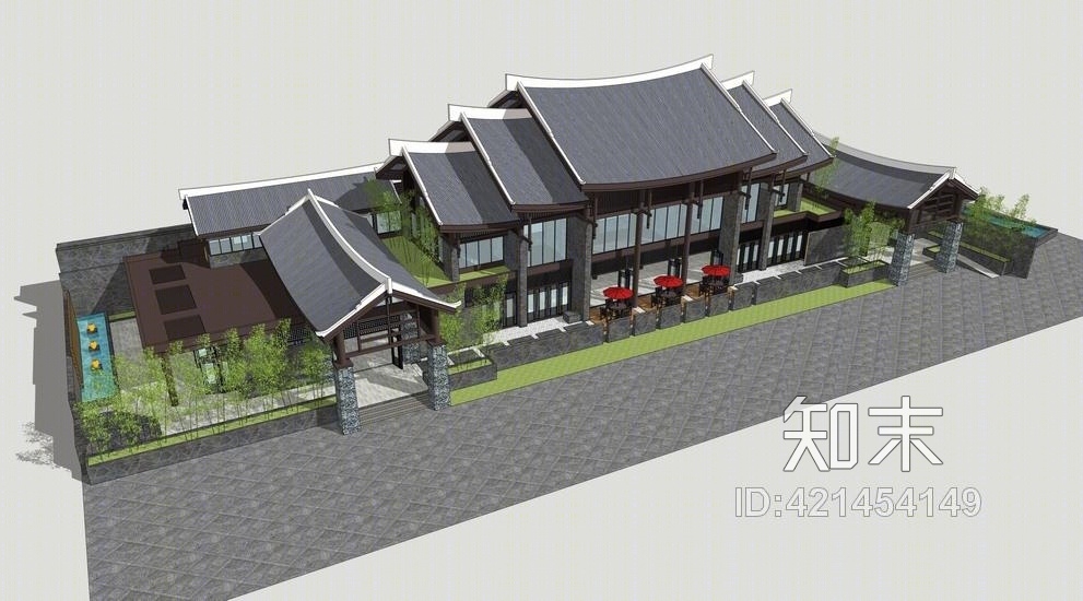 新中式民宿建筑SU模型下载【ID:421454149】