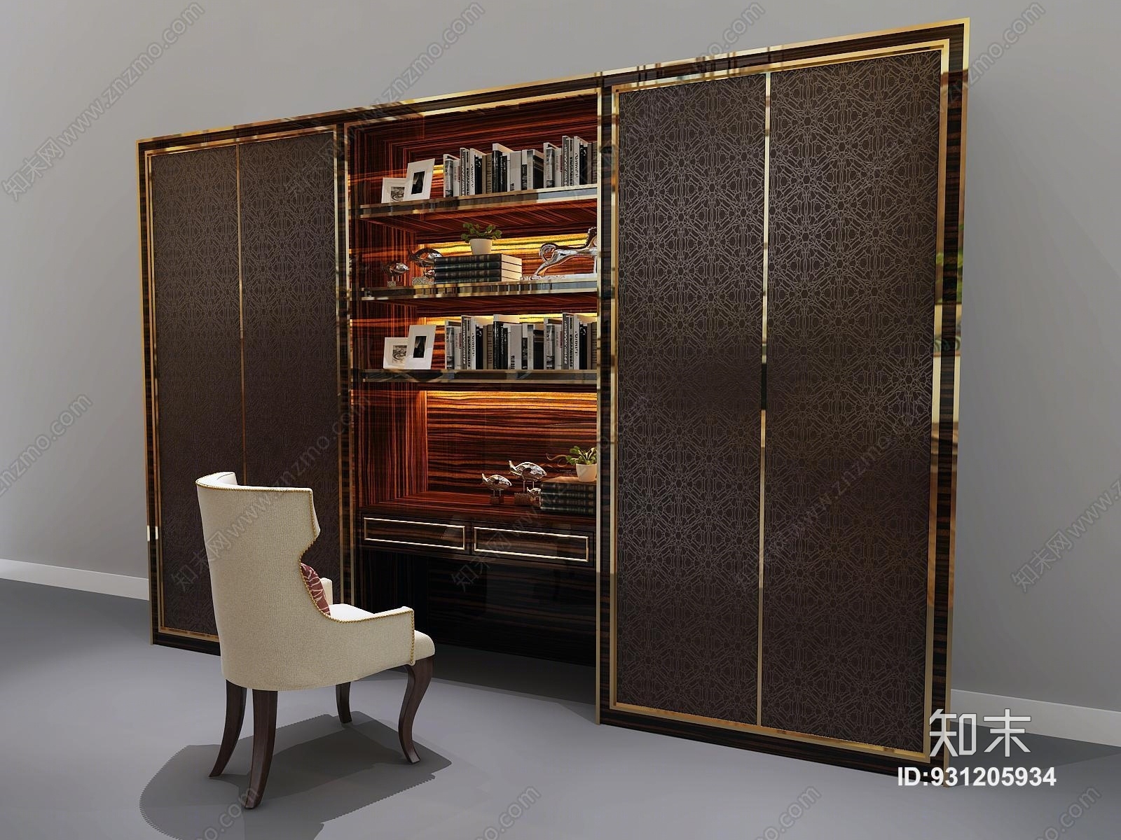 后现代现代衣柜书桌书架组合3D模型下载【ID:931205934】