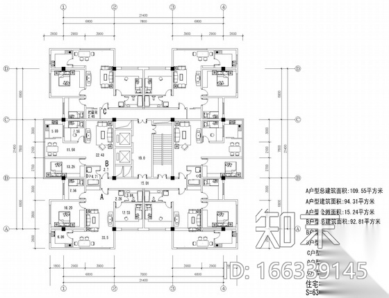 塔式高层一梯六户户型图(110/110/93/93/107/107)施工图下载【ID:166339145】