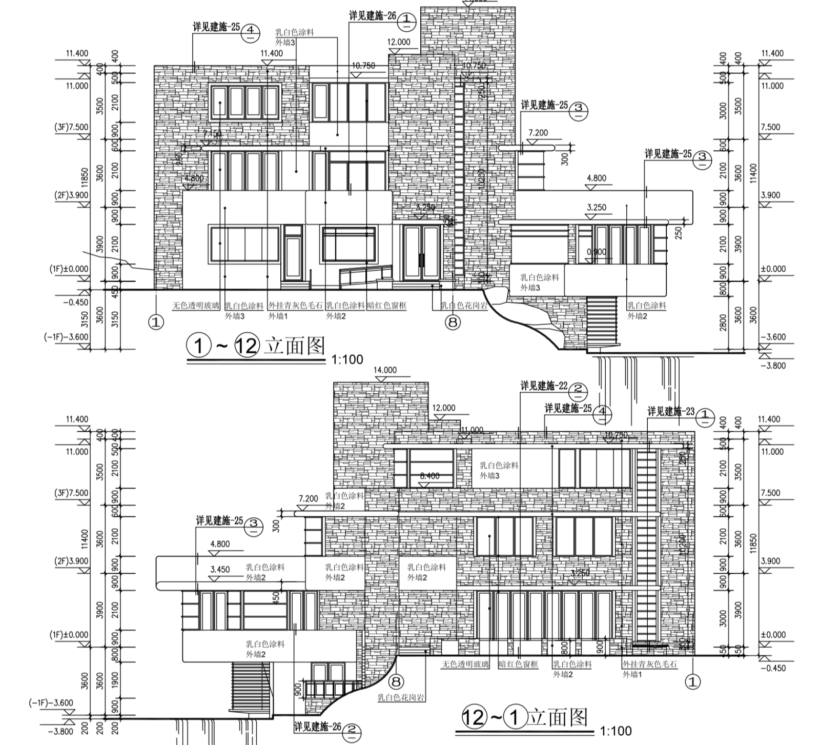 某三层别墅建筑施工图(含CAD、效果图)cad施工图下载【ID:149888146】