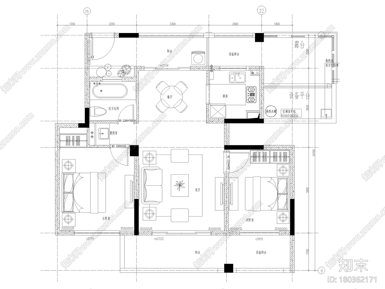 [上海]102㎡现代二居家装样板房装修施工图施工图下载【ID:180362171】