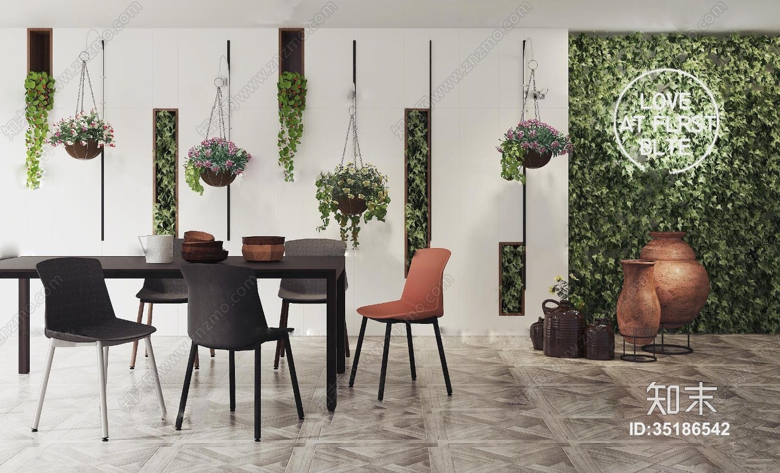 现代餐桌椅吊兰绿植背景墙组合3D模型下载【ID:35186542】