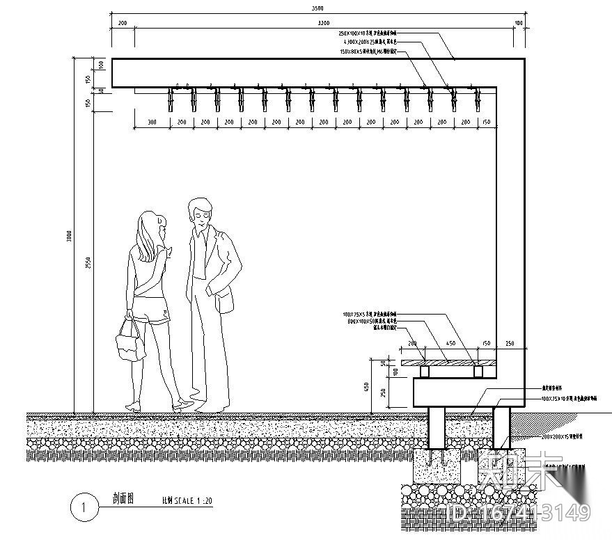 景观设计深度图示-单臂廊架详图设计施工图下载【ID:167413149】