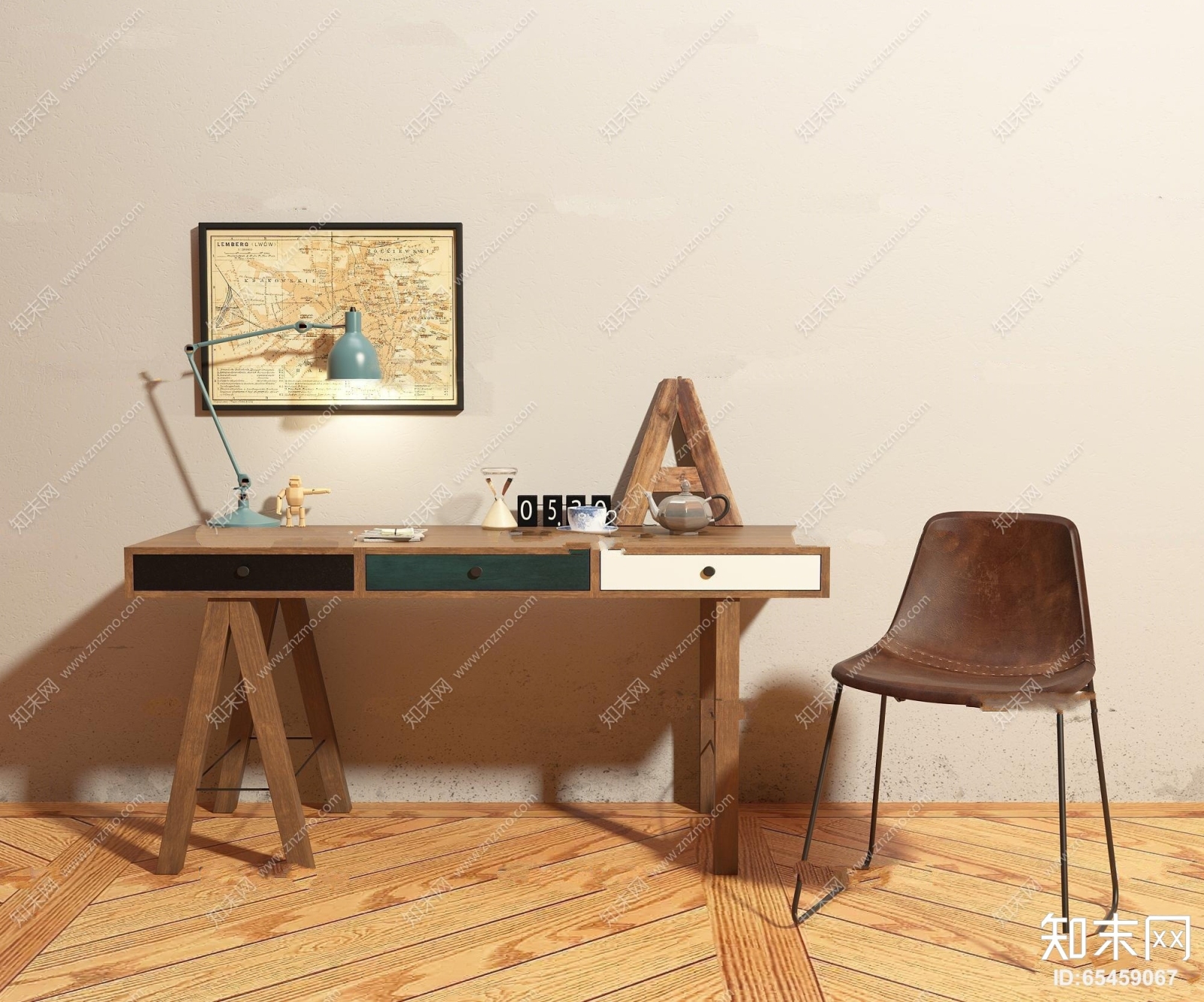 工业风办公桌椅台灯组合3D模型下载【ID:65459067】