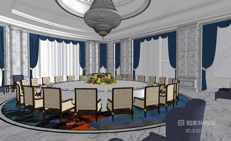 新古典会所室内设计SU模型下载【ID:630333029】