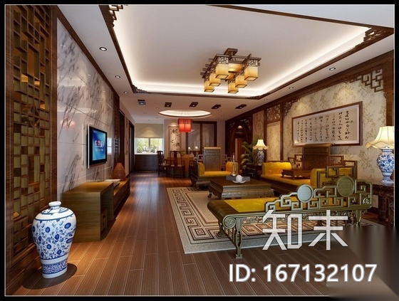 [天津]风景地产古典中式三居室装修施工图（含效果图）cad施工图下载【ID:167132107】