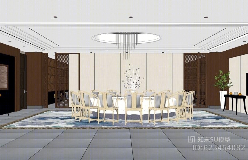 新中式餐厅SU模型下载【ID:623454082】