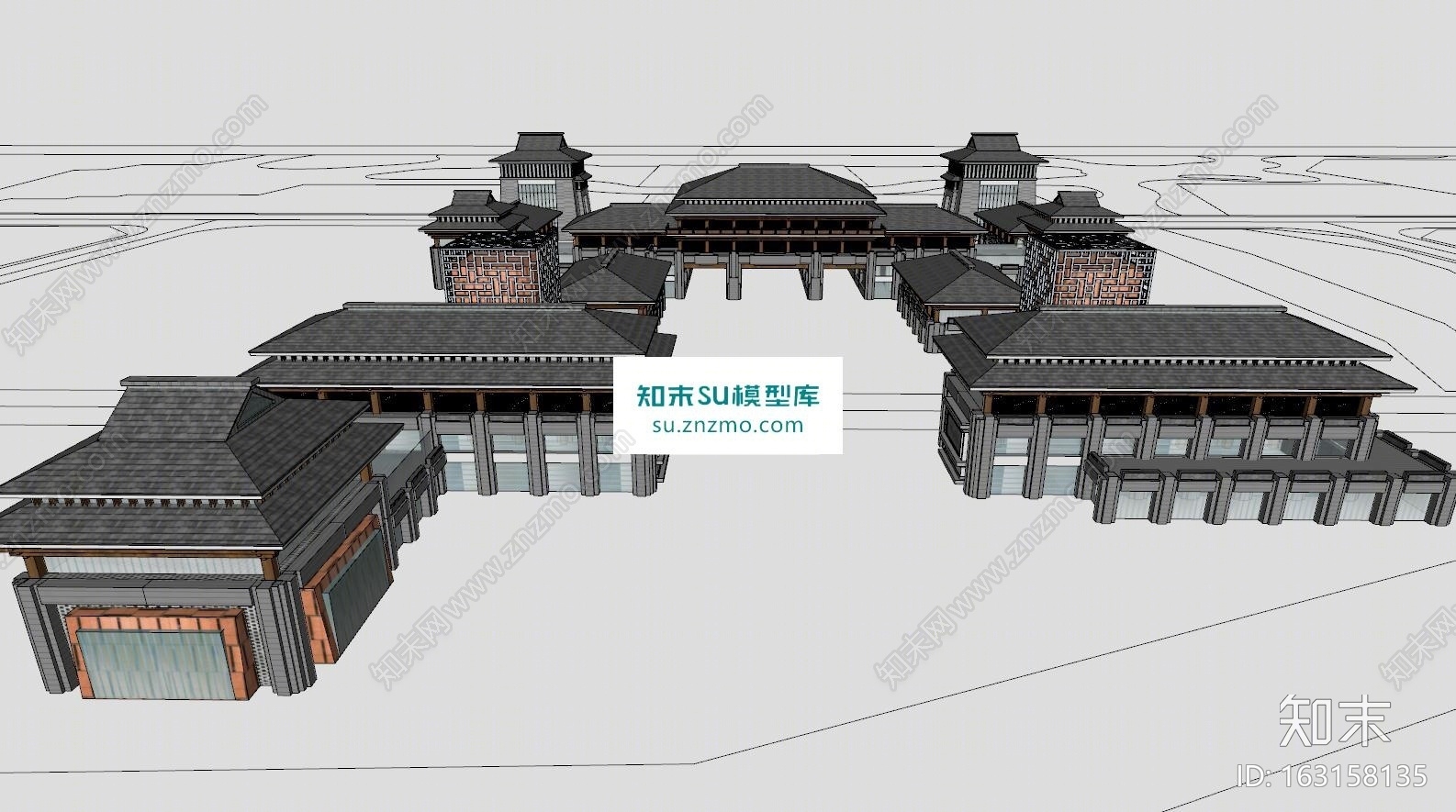 中式商业街建筑群SU模型下载【ID:163158135】