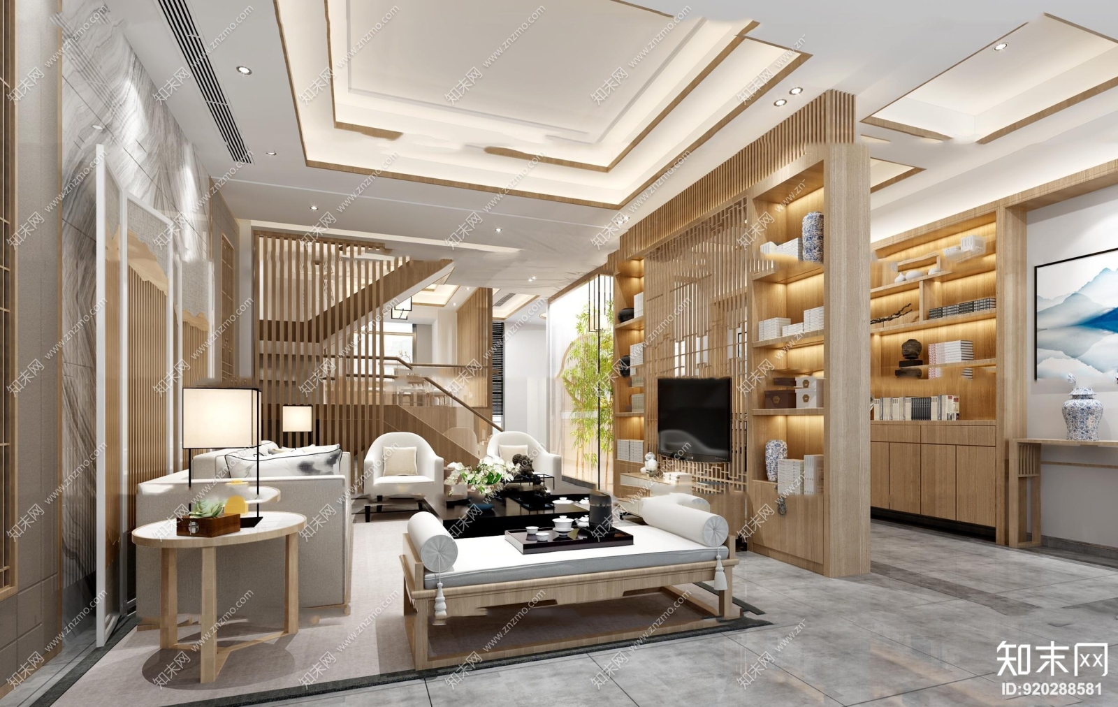 中式复式客厅书架组合3D模型下载【ID:920288581】