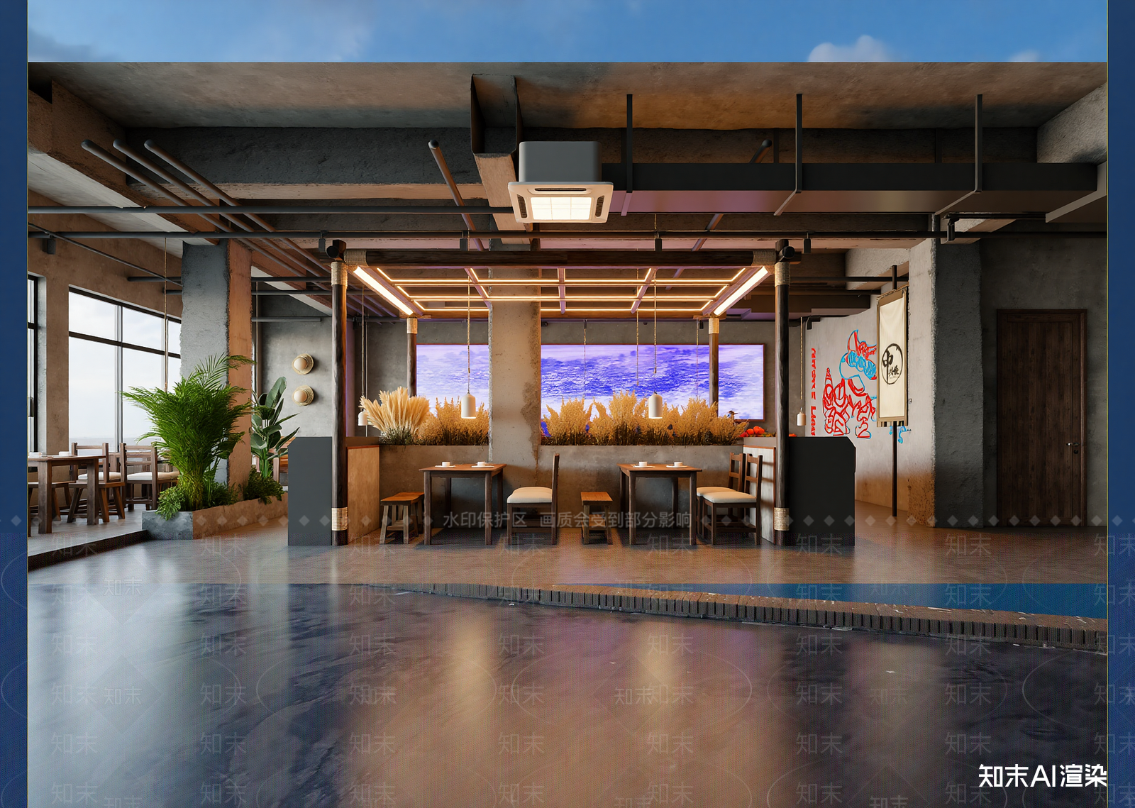 工业风中餐厅3D模型渲染效果图