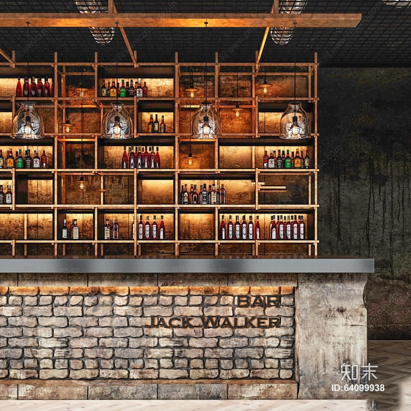 现代工业风酒吧吧台吊灯组合3D模型下载【ID:64099938】