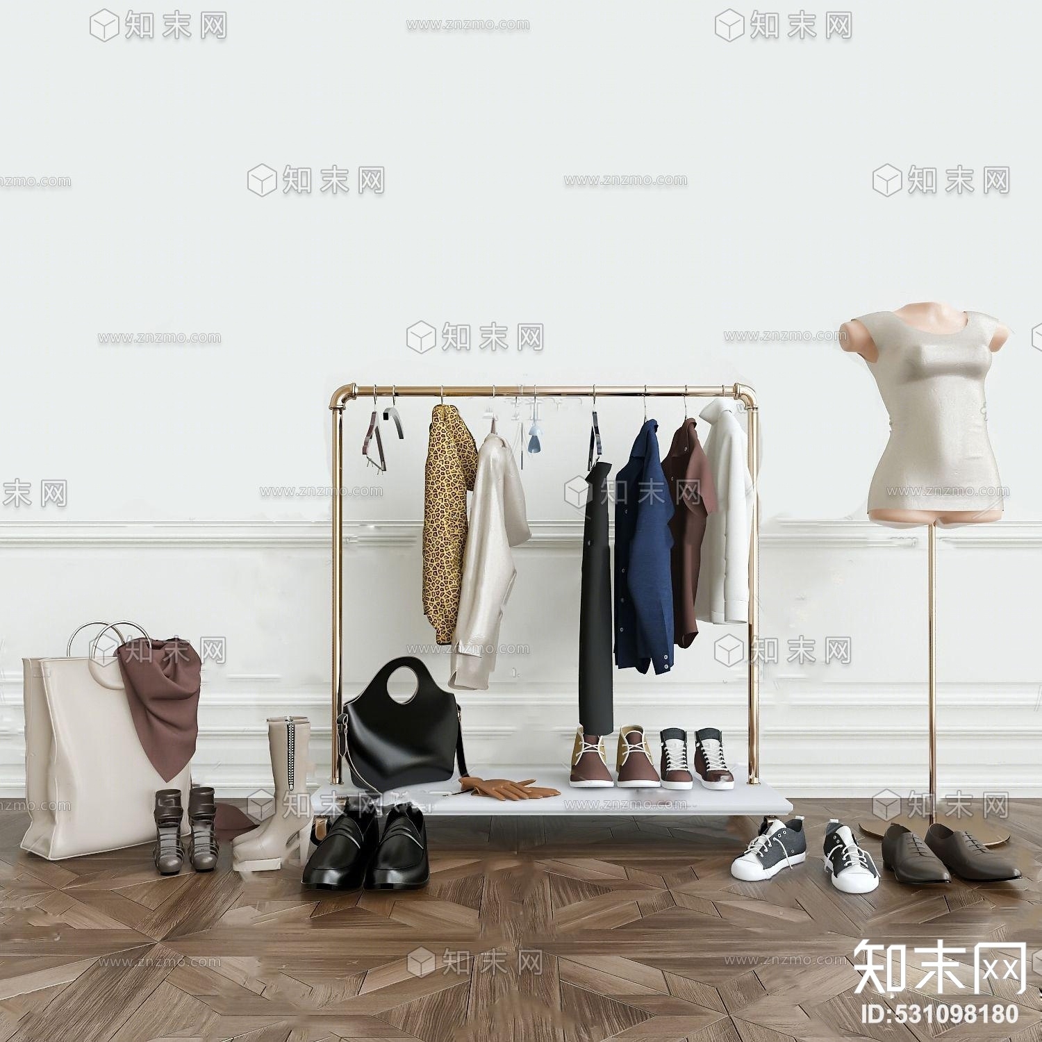 现代女装衣架衣服皮包靴子模特组合3D模型下载【ID:531098180】