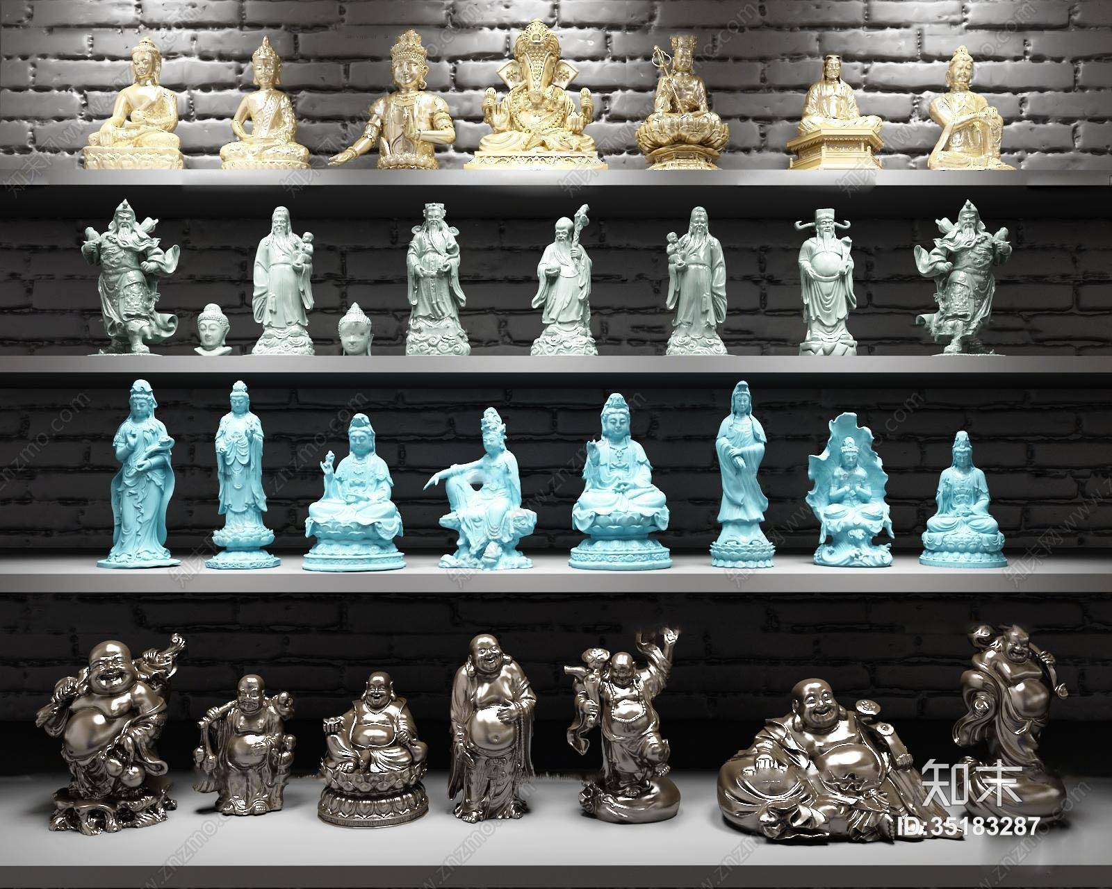 中式佛像雕塑观音财神关公组合3D模型下载【ID:35183287】