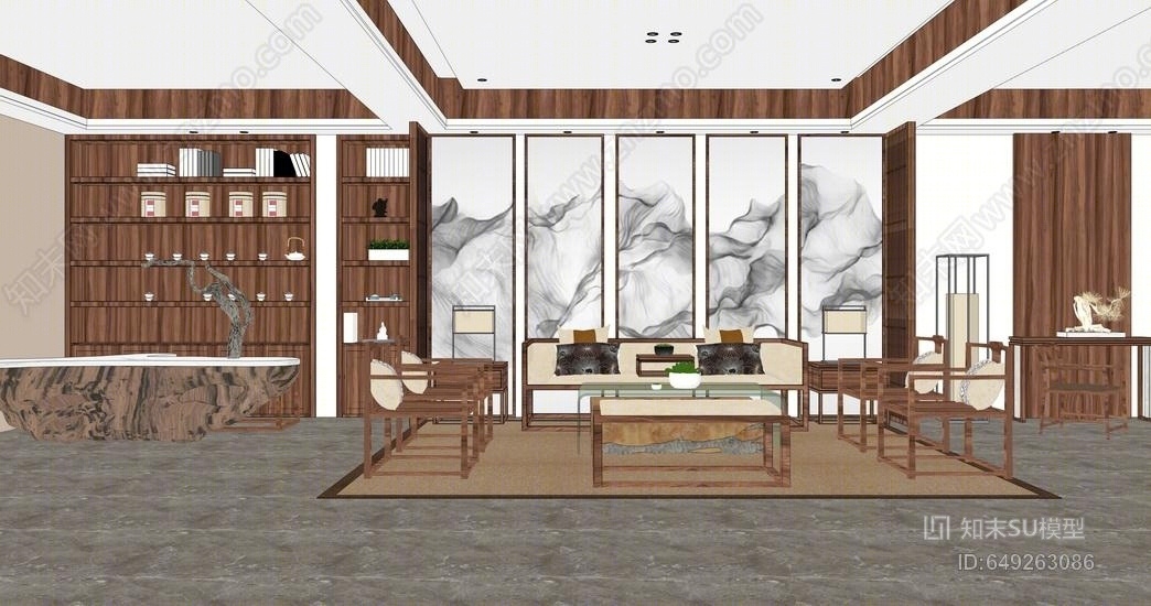 新中式茶室SU模型下载【ID:649263086】