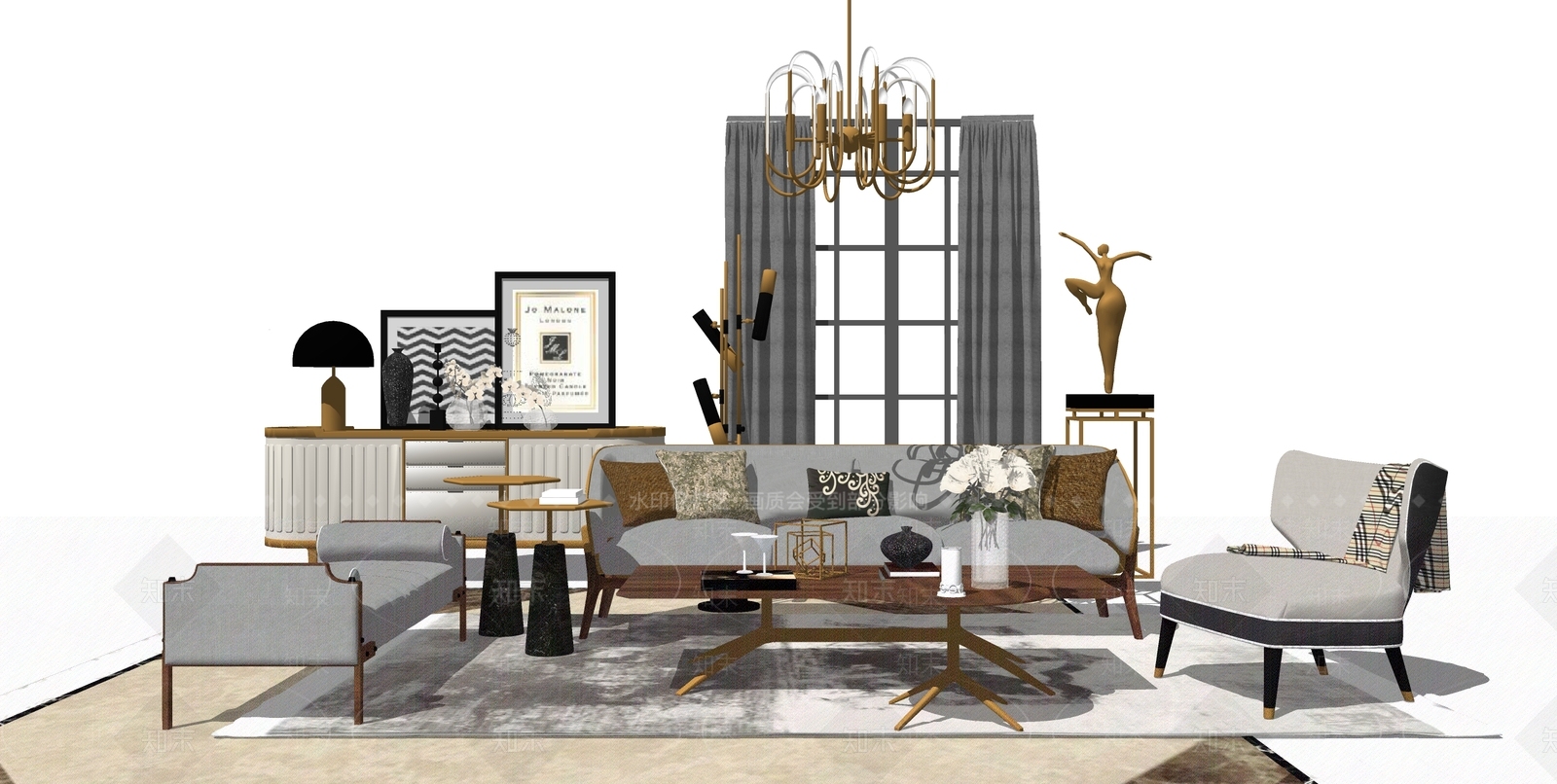 现代简欧沙发茶几组合家具SU模型下载【ID:733016687】