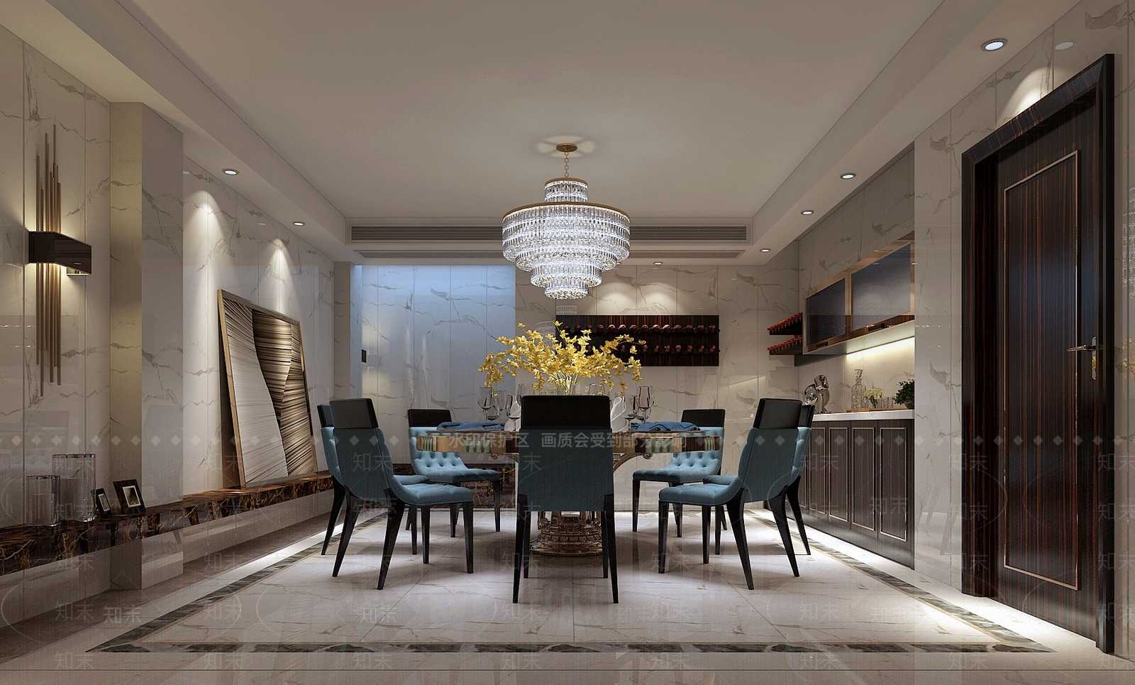 后现代餐厅餐桌椅子吊灯壁灯装饰画酒柜3D模型下载【ID:832505647】