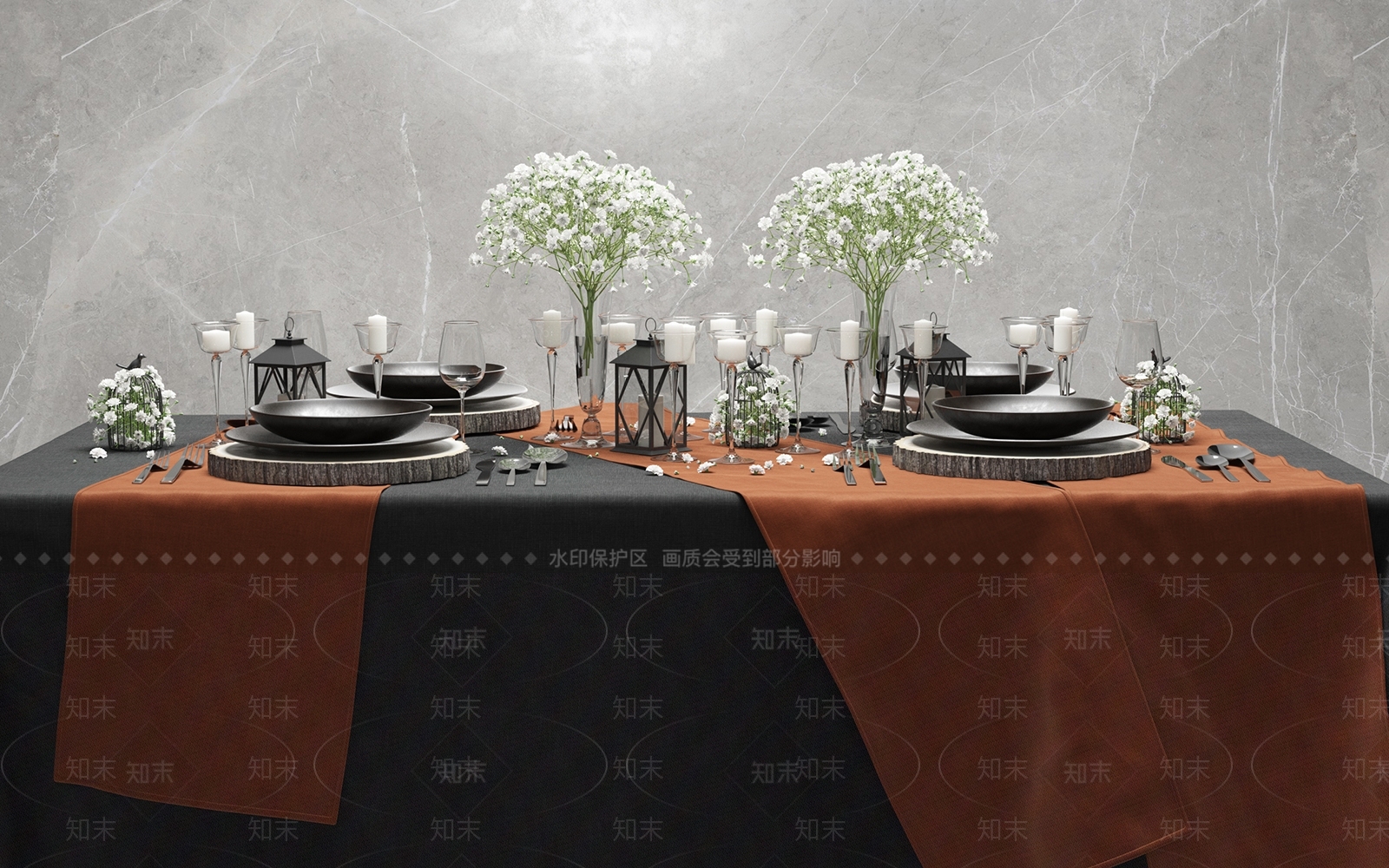 现代餐具桌布花瓶烛台3D模型下载【ID:933313341】