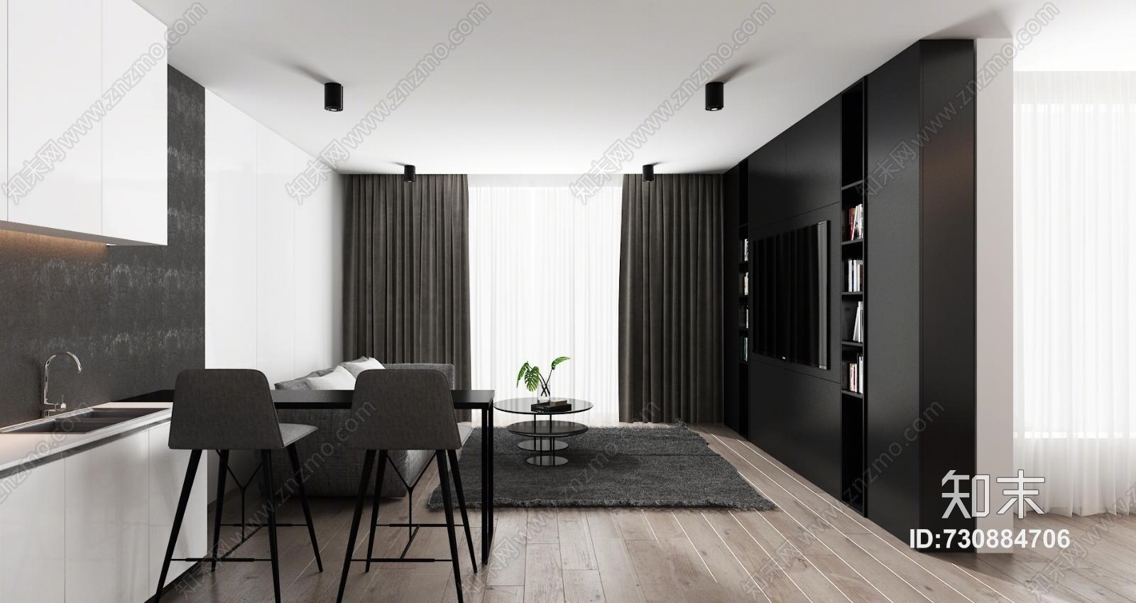 现代客厅沙发餐厅橱柜电视墙书柜3D模型下载【ID:730884706】