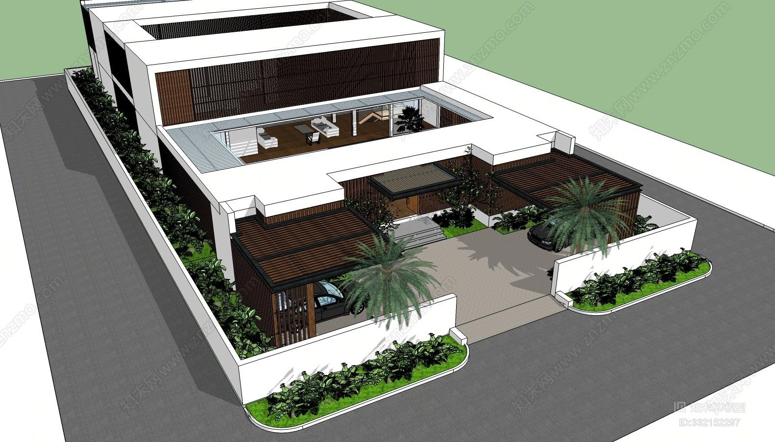 新加坡现代简约四合院别墅室外SU模型下载【ID:332152297】