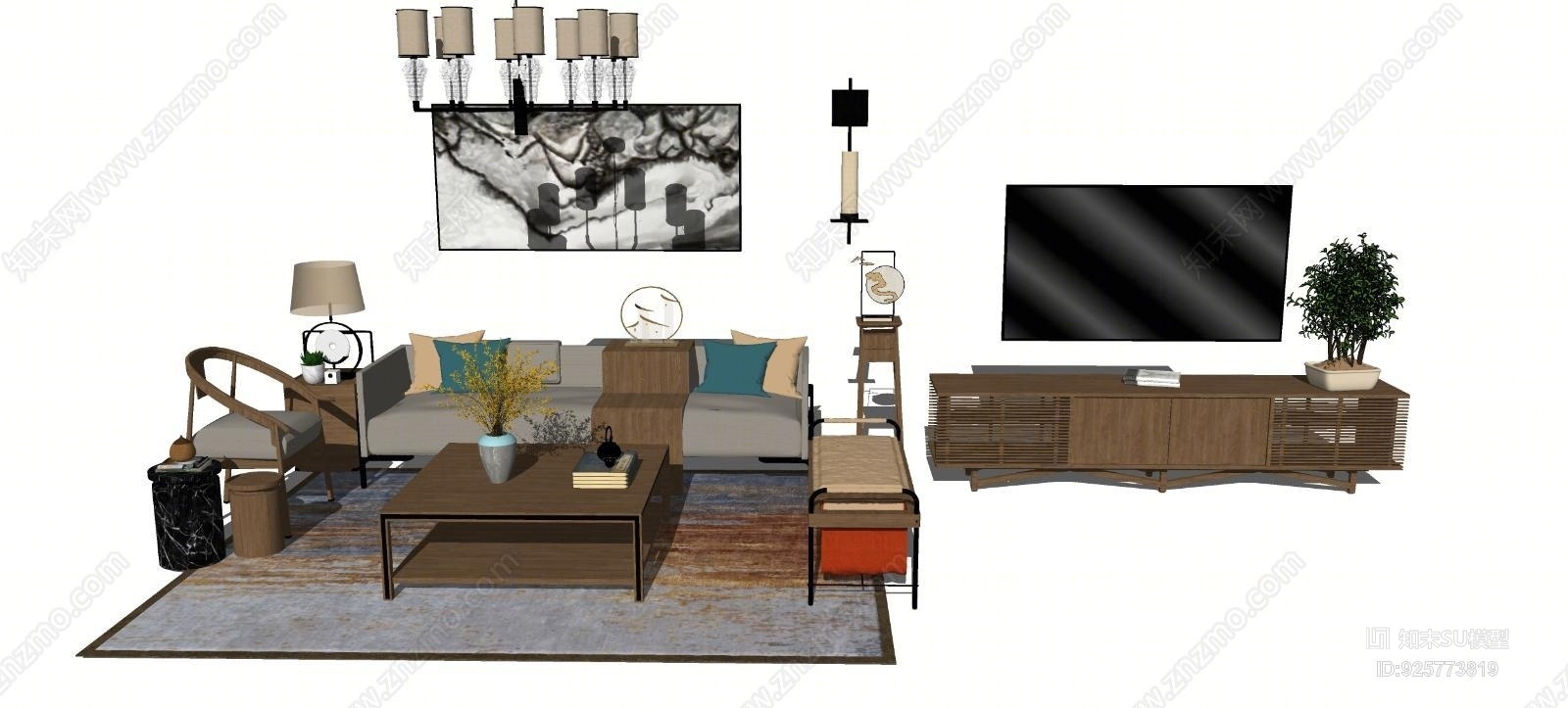 中式客厅沙发茶几电视柜组合SU模型下载【ID:925773819】