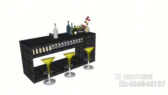 吧台+凳子+柜台+玻璃+葡萄酒+水果+花瓶SU模型下载【ID:424846737】