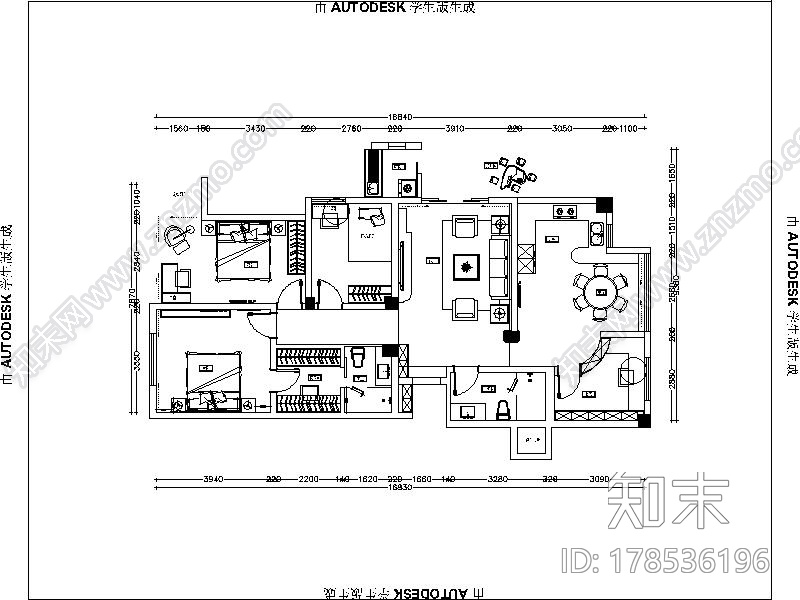 [深圳]时尚简约三室两厅室内设计CAD施工图施工图下载【ID:178536196】