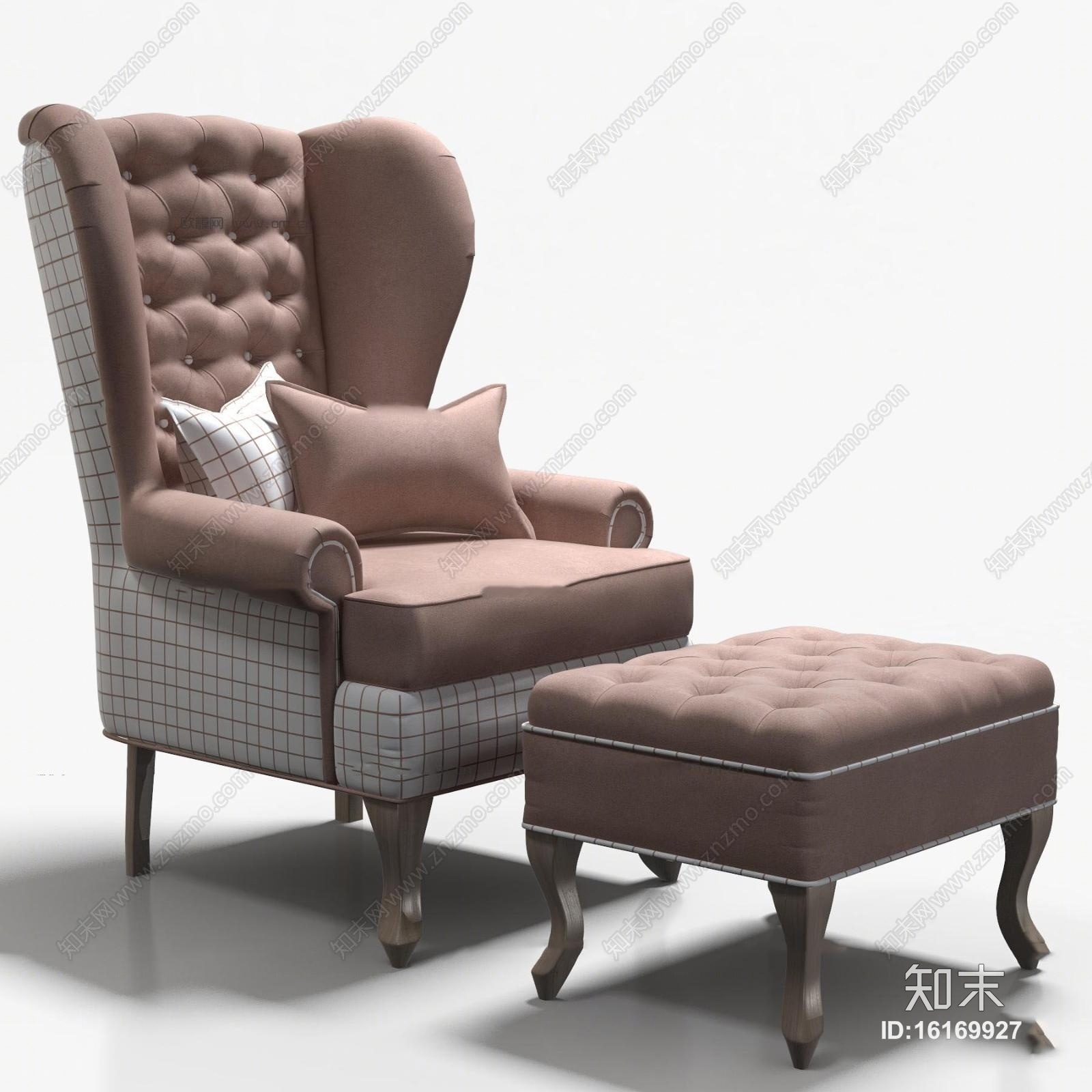 欧式布艺休闲沙发脚榻组合3D模型下载【ID:16169927】