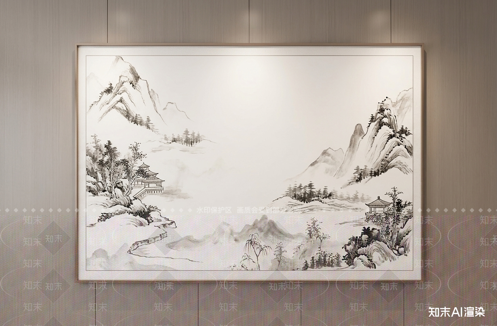 新中式山水画3D模型渲染效果图