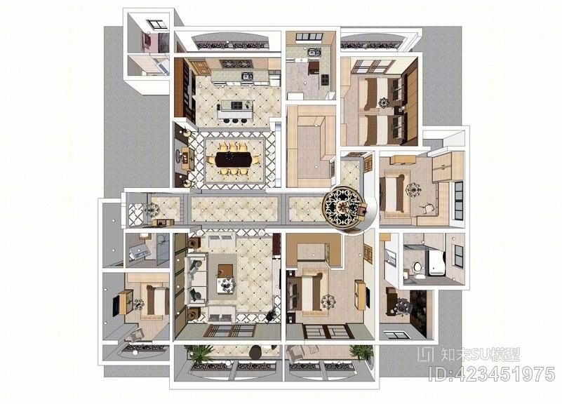 中式风格四房两厅室内设计SU模型下载【ID:423451975】