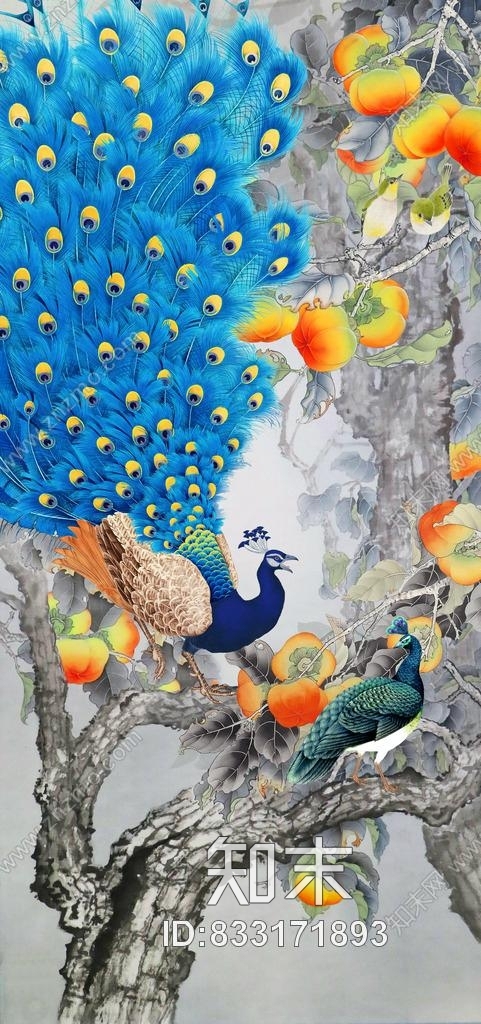 事事如意孔雀图玄关画贴图下载【ID:833171893】