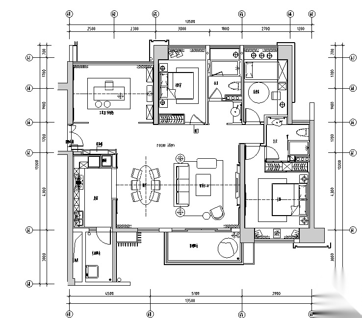 中心6A户型住宅设计施工图附效果图施工图下载【ID:160104117】