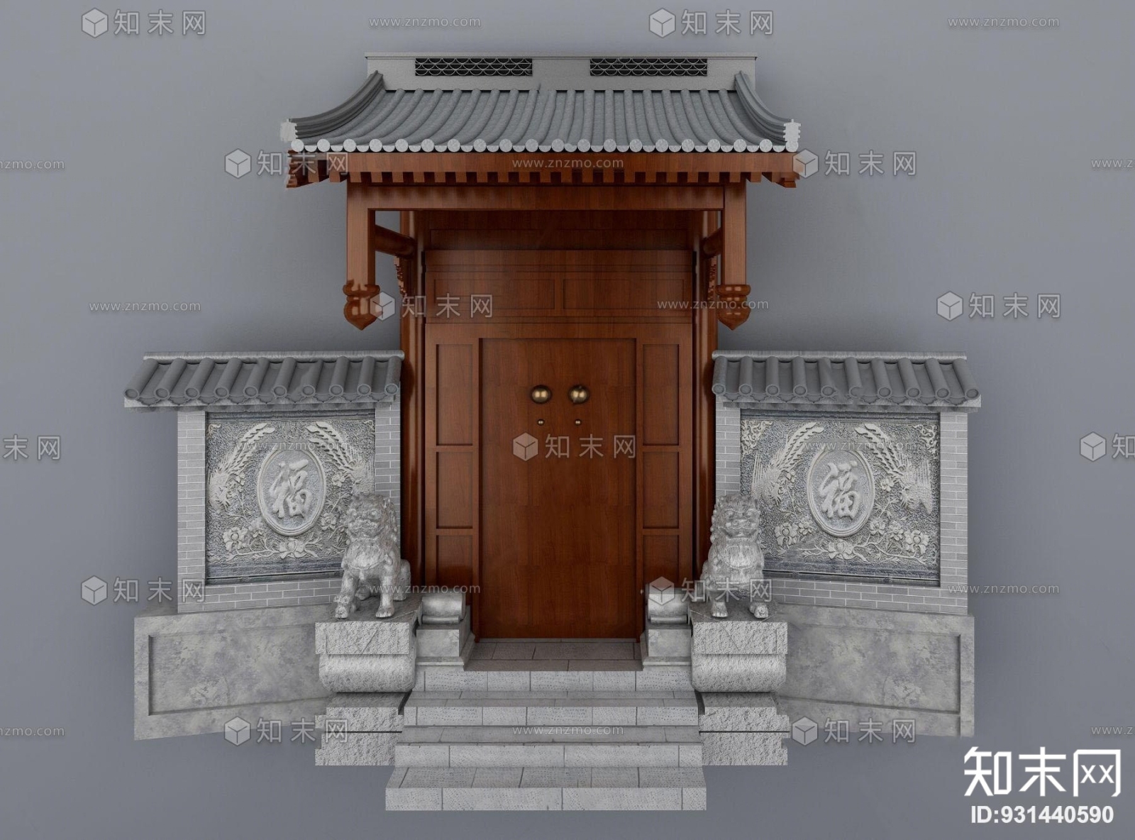 中式古代庭院大门门头3D模型下载【ID:931440590】