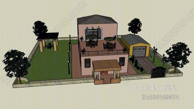 豪华别墅与花园和车库SU模型下载【ID:935199874】